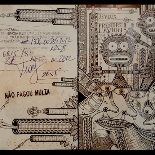 Léonard Combier, sans titre. Encre sur passeport, 12,5 × 17,5 cm, 2016