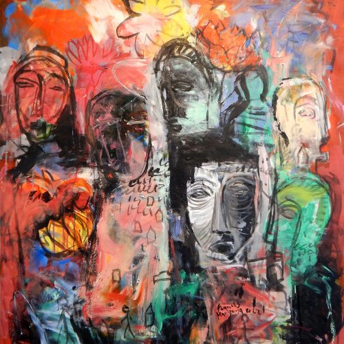 Francis Mampuya, la joie. Öl/Acryl auf Leinwand, 102 × 94 cm (×2)