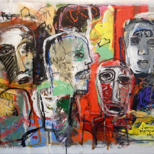 Francis Mampuya, le dialogue. Öl/Acryl auf Leinwand, 78 × 100 cm