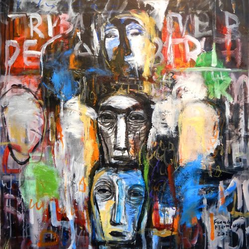 Francis Mampuya, les esprits supérieurs. Öl/Acryl auf Leinwand, 100 × 95 cm