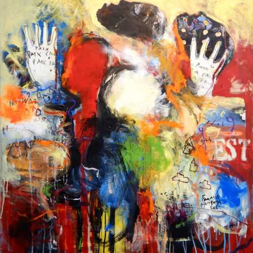 Francis Mampuya, la paix. Öl/Acryl auf Leinwand, 100 × 94 cm