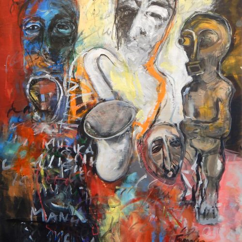 Francis Mampuya, hommage aux Jazzmen. Öl/Acryl auf Leinwand, 110 × 82 cm