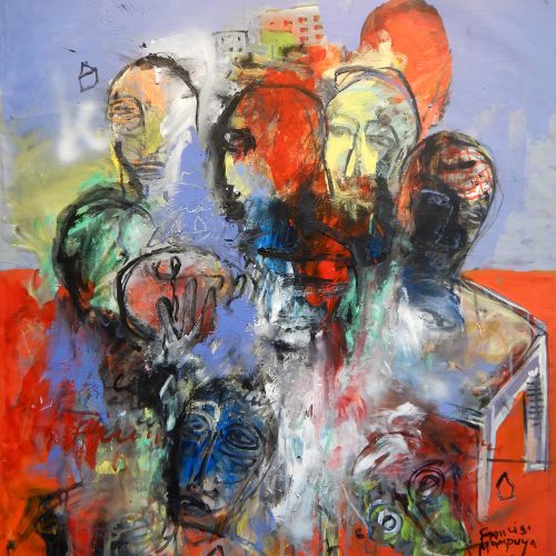 Francis Mampuya, la communauté. Öl/Acryl auf Leinwand, 102 × 94 cm