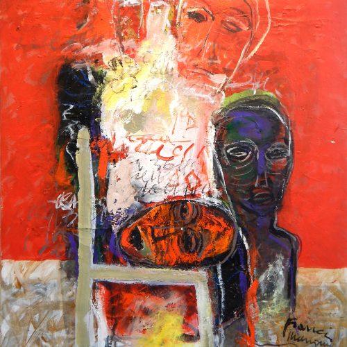 Francis Mampuya, l’hospitalité. Öl/Acryl auf Leinwand, 100 × 79 cm