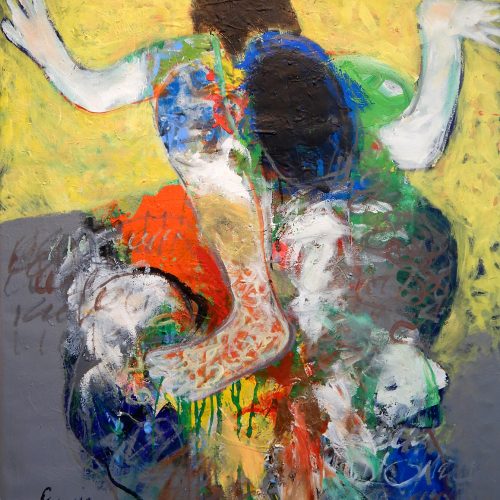 Francis Mampuya, les acrobates. Öl/Acryl auf Leinwand, 100 × 79 cm