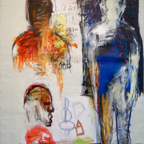 Francis Mampuya, se prendre en charge. Öl/Acryl auf Leinwand, 120 × 90 cm