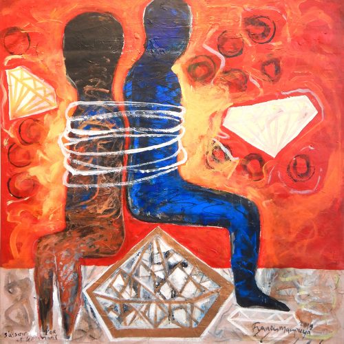 Francis Mampuya, les minerais du sang. Öl/Acryl auf Leinwand, 88 × 88 cm