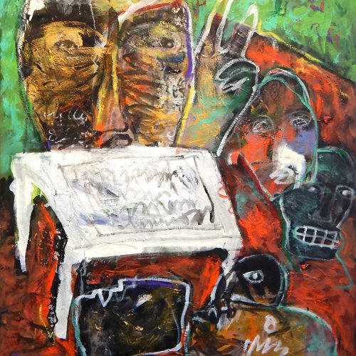 Francis Mampuya, le meeting. Öl/Acryl auf Leinwand, 100 × 66 cm